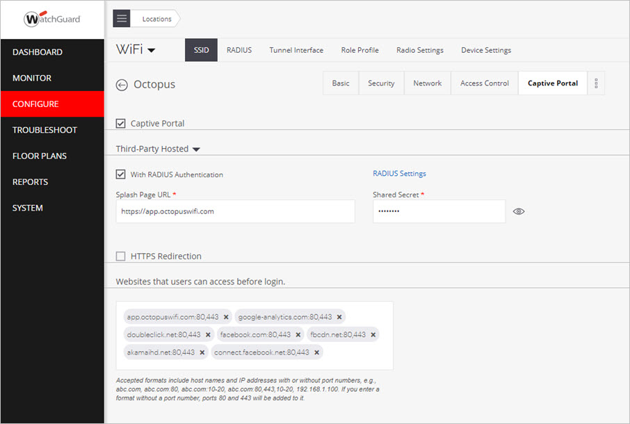 Add SSID Profile - Captive Portal Settings page in Wi-Fi Cloud Discover